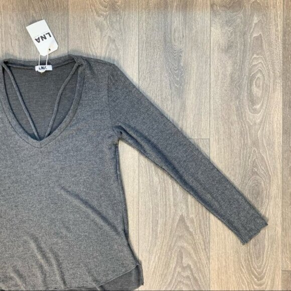 Revolve LNA Strappy Sweater V-neck Long Sleeve Fuzzy Soft Charcoal Grey Size XS - Picture 7 of 13